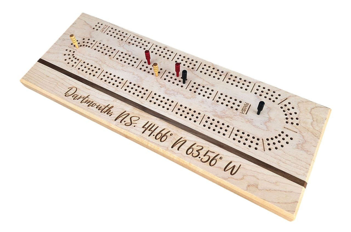 Wood Cribbage Board Engraved City Name &amp; Latitude &amp; Longitude Coordinates